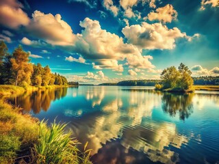 vintage russian lake: sunny day, clear sky, cloudscape