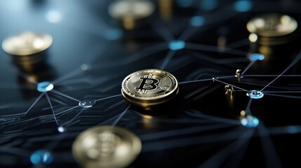 Poster - Golden Bitcoin on Network Background Signifying Digital Currency Growth