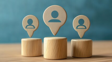 Poster - Wooden person icons floating above circular bases in modern setting