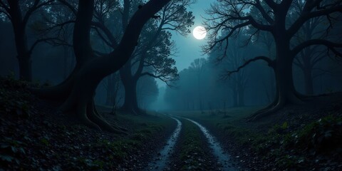 Poster - Enigmatic Moonlight Path Through a Mystical Forest at Night
