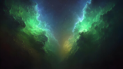 Wall Mural - Nebula cosmic cloudscape, vibrant green and blue hues, starfield background, space exploration