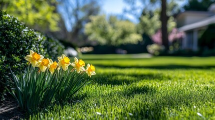 Sticker - Vibrant Yellow Daffodils in Bloom, Springtime Garden Scene with Lush Green Grass and Soft Sunlight