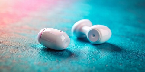 Wall Mural - Vintage Style Wireless Earbuds: Pastel Pink and Blue Background