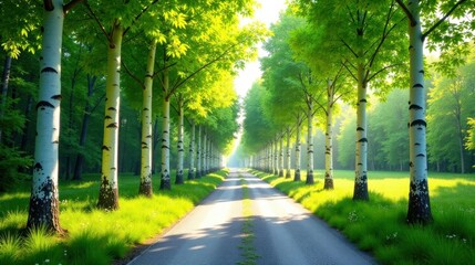 Poster - Serene Roadway Lined with Birch Trees on a Sunny Morning, a Picturesque Landscape of Tranquil Nature
