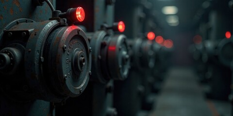 Leinwandbilder - A row of aged industrial machinery with illuminated warning lights in a dimly lit environment