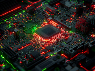 Poster - Illuminated CPU on motherboard; tech background;  for tech articles