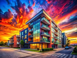 Wall Mural - Watercolor Architectural Photography:  Modern Building, Painted Sky, Brushstrokes