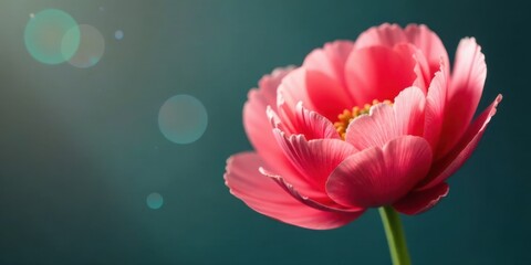 Poster - A Delicate Pink Blossom Against a Teal Background, Illuminated by Soft Sunlight, Evokes Feelings of Serenity and Tranquility.
