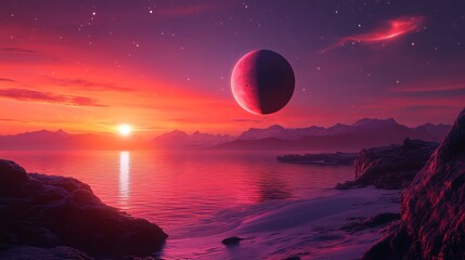 Wall Mural - paradise heaven . red sunset and moon . ramadan background . half moon and star . beautiful star . s