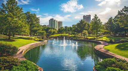 Wall Mural - Serene Urban Oasis: A Picturesque City Park with Fountains and Lush Greenery