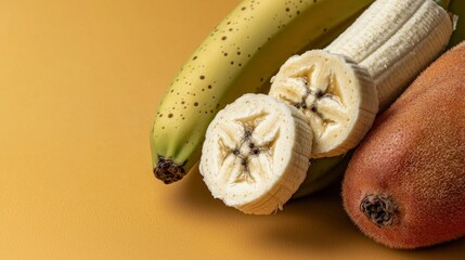 Wall Mural - Closeup of Sliced Banana and Whole Kiwi on Yellow Background