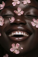 Poster - Smiling woman with dark skin surrounded by cherry blossom petals, radiating joy and beauty in a serene floral setting, ideal for wellness and beauty themes