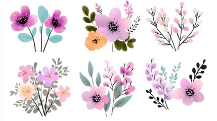 Aufkleber - Cute doodle-style floral clipart, playful pastel colors and whimsical shapes