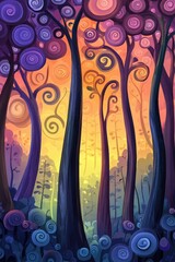 Wall Mural - Colorful abstract forest with swirled trees at sunset