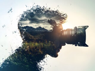 Poster - Surreal Double Exposure of Photographer with Nature Landscape