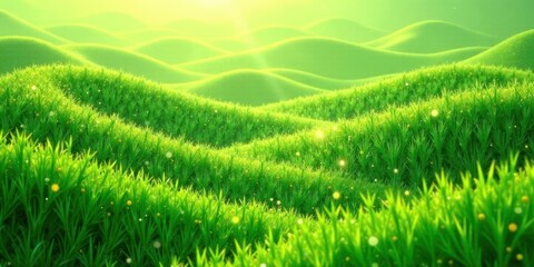 Poster - Serene Meadow Landscape Rolling Hills of Vibrant Green Grass Under a Sunny Sky