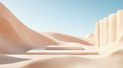 Poster - Minimalistic white pedestal in a desert landscape with sandy dunes and rocky formations, symbolizing isolation, simplicity, and modern art design.