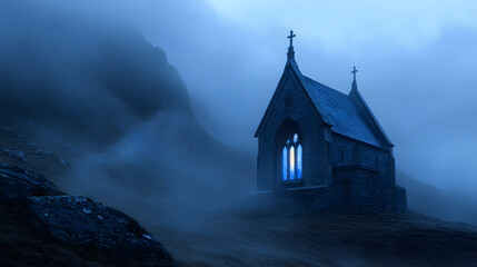 Wall Mural - A deserted chapel in the foggy hills, its windows lit by blue flames that brighten the misty air around.