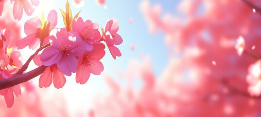 Canvas Print - Springtime Cherry Blossoms Selective Focus on Branch with Sunlit Floral Beauty and Soft Pink Bokeh