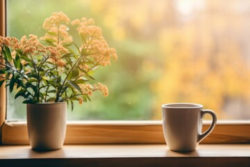Poster - Morning coffee ritual unfolds beside blooming plants in gentle sunlight. Generative AI
