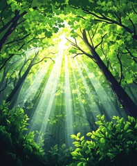 Wall Mural - Sunlight filters through a vibrant forest canopy