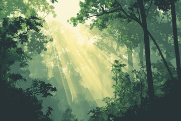 Wall Mural - Sunlight filters through dense forest canopy in morning