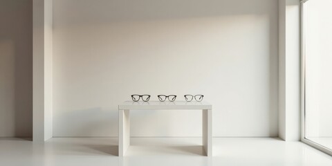 Aufkleber - Minimalist eyewear display on a clean white table in a bright, modern interior space