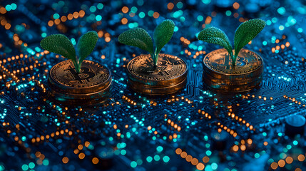 Poster - Bitcoin growth, circuit board, plants, finance, technology