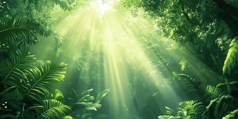 Wall Mural - Sunlight streams through dense forest canopy in summer