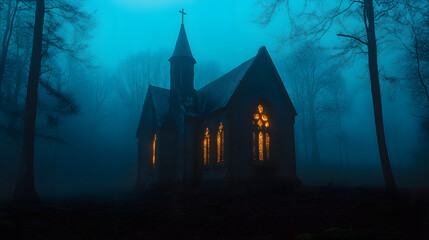 Wall Mural - A desolate chapel surrounded by fog, with flickering blue flames illuminating its windows and casting light.