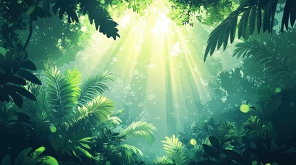 Wall Mural - Lush tropical forest illuminated by sunlight during daytime