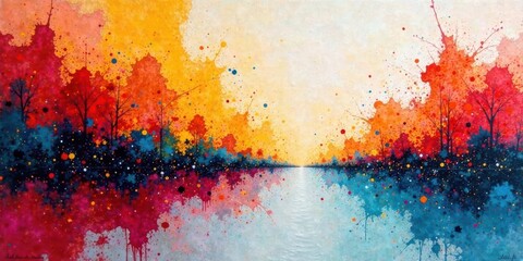 Poster - Vibrant Autumnal Landscape with Water Reflection Featuring Expressive Color Splashes and Silhouetted Trees