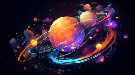 Poster - Cosmic depth  outlined planets and stars in pale neon hues on the right side for depth