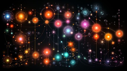 Poster - Pale neon outlines of planets and stars in varying sizes on the right side for depth and simplicity