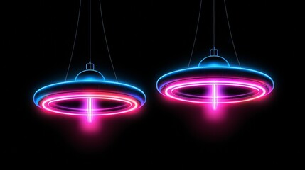 Poster - Futuristic neon flying saucers  simple outlines with tilted and spinning effects for a subtle glow