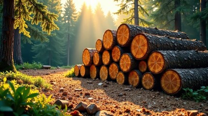 Aufkleber - Sunlit Stack of Timber Logs in a Lush Forest Setting