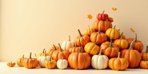 Poster - A Bountiful Harvest of Autumn Gourds Arranged in a Conical Heap, Adorned with Falling Leaves