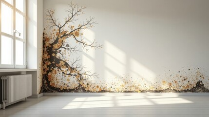 Poster - Serene interior room design featuring a minimalist wall mural of a blossoming tree, accented by soft sunlight streaming through a window onto a light wood floor.