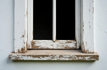 Old wooden window frames with rotting wood and cracked peeling paint, house needs renovation and new frames closeup