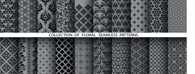 Wall Mural - Geometric floral set of seamless patterns. Gray and black vector backgrounds. Damask graphic ornaments