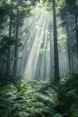 Wall Mural - Sunlight filters through tall trees in a serene forest