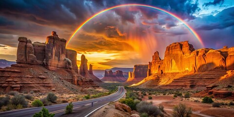 Wall Mural - Silhouette of Arches National Park, Rainbow over Park Avenue, Moab, Utah