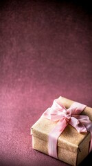 Wall Mural - Elegant Beige Gift Box with Pink Ribbon on Dark Brown Background