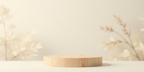 Aufkleber - Elegant Wooden Display Platform with Soft Neutral Background and Delicate Dried Floral Accents