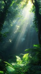 Wall Mural - Light beams filter through lush forest canopy in the morning