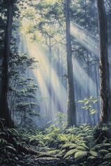 Wall Mural - Sunlight streams through a dense forest in tranquil setting