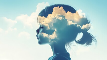 Poster - Child Imagination with Clouds in Profile Silhouette Concept Art
