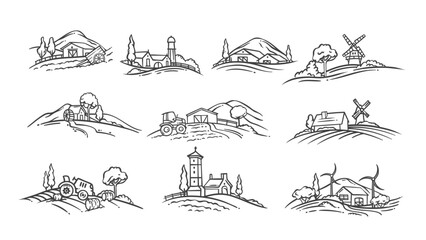 Wall Mural - Countryside scenes with farm field, tractors and farmer houses line icons set. Outline hand drawn vintage water and wind mill, barn, works on land. Farm mascot, farmland icons vector illustration