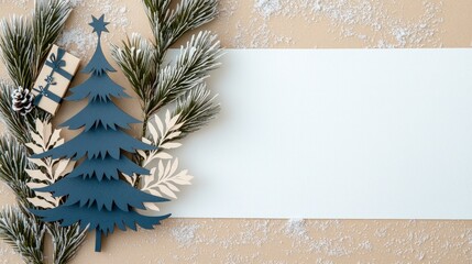 Wall Mural - Festive Winter Holiday Card Design with Grey Paper Christmas Tree