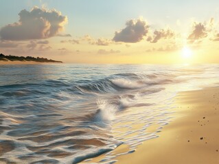 Wall Mural - Beautiful sunset over the calm ocean waves at the beach